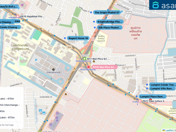 Map of condo projects near PK16 Wat Phra Sri Mahathat station. Nearest projects are Regent Home 18 433 m, Silk Place Phaholyothin Laksi 470 m, KnightsBridge Phaholyothin Interchange 537 m, The Origin Phahol 57 641 m, Lumpini Place Ramintra-Laksi 672 m. Visit asanha.com/map for the full map