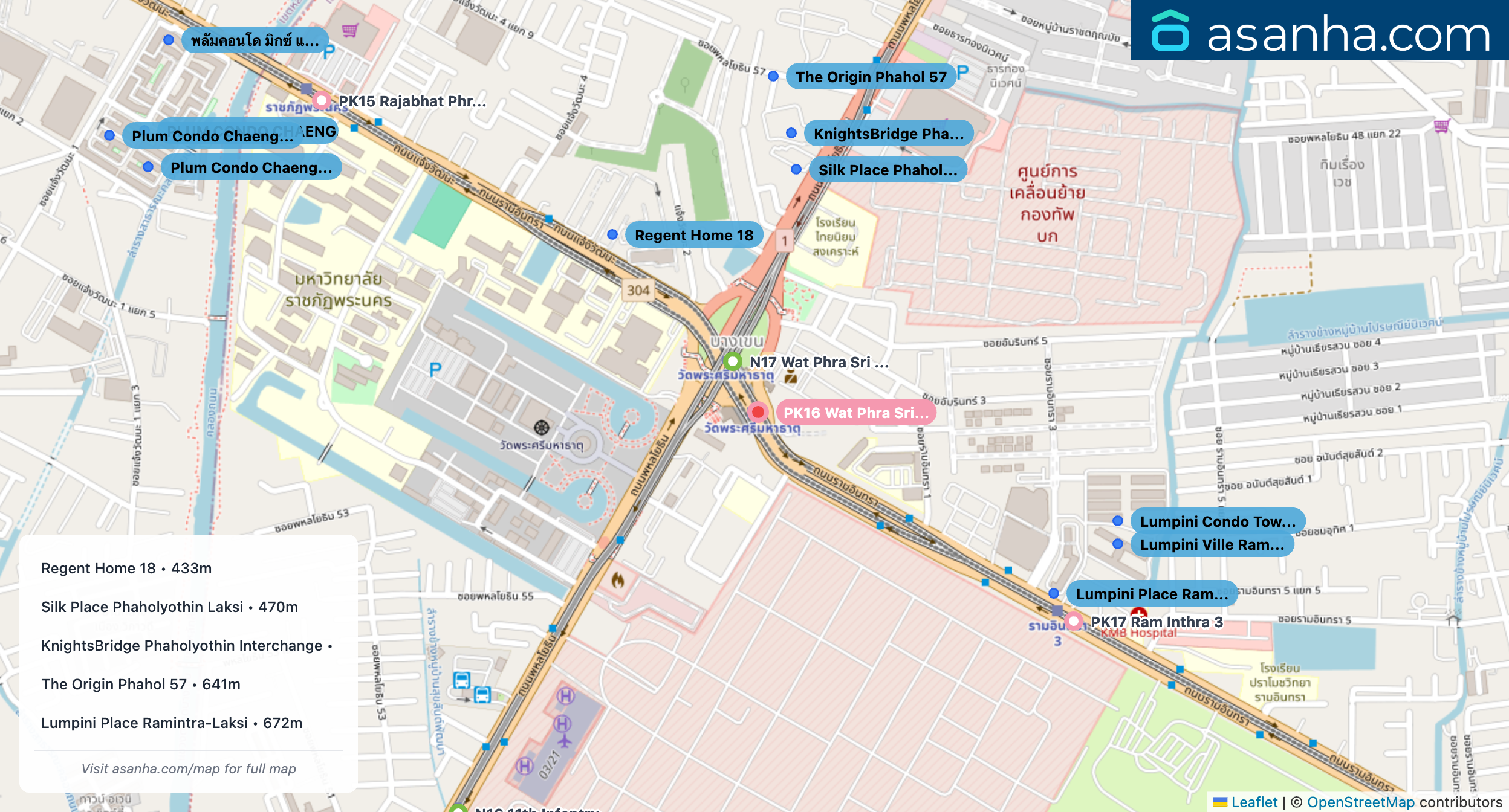 Map of condo projects near PK16 Wat Phra Sri Mahathat station. Nearest projects are Regent Home 18 433 m, Silk Place Phaholyothin Laksi 470 m, KnightsBridge Phaholyothin Interchange 537 m, The Origin Phahol 57 641 m, Lumpini Place Ramintra-Laksi 672 m. Visit asanha.com/map for the full map