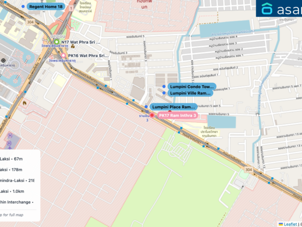 Map of condo projects near PK17 Ram Inthra 3 station. Nearest projects are Lumpini Place Ramintra-Laksi 67 m, Lumpini Ville Ramintra-Laksi 178 m, Lumpini Condo Town Ramindra-Laksi 218 m, Silk Place Phaholyothin Laksi 1.0 km, KnightsBridge Phaholyothin Interchange 1.1 km. Visit asanha.com/map for the full map