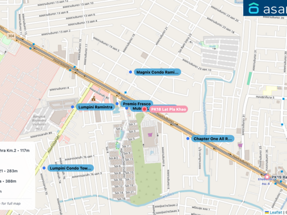 Map of condo projects near PK18 Lat Pla Khao station. Nearest projects are Muban Ladawan Ram Inthra Km.2 117 m, Premio Fresco 191 m, Magnix Condo Ramintra21 283 m, Chapter One All Ramintra 388 m, Lumpini Ramintra 509 m. Visit asanha.com/map for the full map