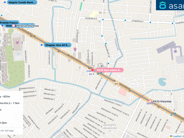 Map of condo projects near PK19 Ram Inthra Kor Mor 4 station. Nearest projects are Chapter One All Ramintra 631 m, Muban Ladawan Ram Inthra Km.2 1.1 km, D condo ramindra 1.2 km, Premio Fresco 1.2 km, Natural Park Ramindra 1.2 km. Visit asanha.com/map for the full map