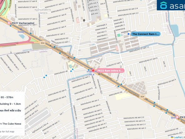 Map of condo projects near PK22 Ram Inthra Kor Mor 6 station. Nearest projects are The Connect Ram-Inthra 65 578 m, Thanommit Park Condo Building 9 1.3 km, The Kith Plus Nawamin เดอะ คิทท์ พลัส นวมินทร์ 1.3 km, six nature 1.4 km, เดอะคิวบ์ นวมินทร์-รามอินทรา The Cube Nawamin-Ramintra 1.6 km. Visit asanha.com/map for the full map