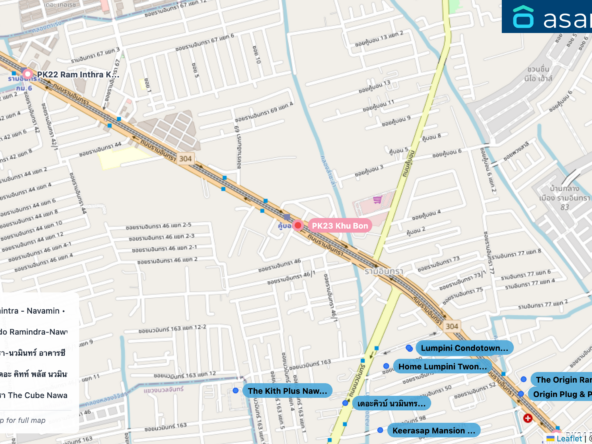 Map of condo projects near PK23 Khu Bon station. Nearest projects are Lumpini Condotown Ramintra - Navamin 585 m, Home Lumpini Twoncondo Ramindra-Nawvamin -D 587 m, ลุมพินีคอนโดทาวน์ รามอินทรา-นวมินทร์ อาคารซี 591 m, The Kith Plus Nawamin เดอะ คิทท์ พลัส นวมินทร์ 613 m, เดอะคิวบ์ นวมินทร์-รามอินทรา The Cube Nawamin-Ramintra 646 m. Visit asanha.com/map for the full map