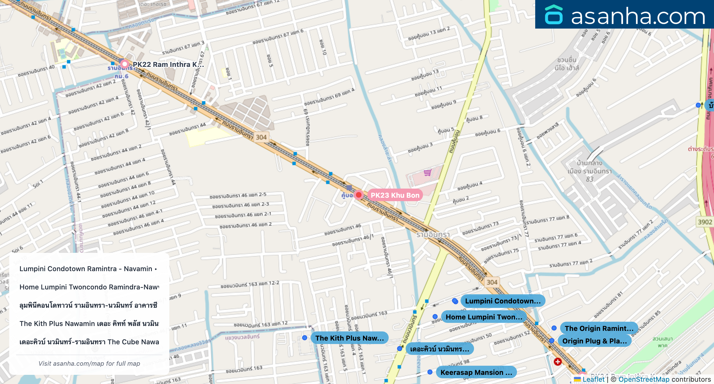 Map of condo projects near PK23 Khu Bon station. Nearest projects are Lumpini Condotown Ramintra - Navamin 585 m, Home Lumpini Twoncondo Ramindra-Nawvamin -D 587 m, ลุมพินีคอนโดทาวน์ รามอินทรา-นวมินทร์ อาคารซี 591 m, The Kith Plus Nawamin เดอะ คิทท์ พลัส นวมินทร์ 613 m, เดอะคิวบ์ นวมินทร์-รามอินทรา The Cube Nawamin-Ramintra 646 m. Visit asanha.com/map for the full map