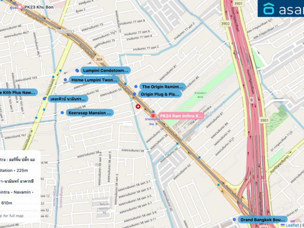 Map of condo projects near PK24 Ram Inthra Kor Mor 9 station. Nearest projects are Origin Plug & Play Ramintra : ออริจิ้น ปลั๊ก แอนด์ เพลย์ รามอินทรา 187 m, The Origin Ramintra 83 Station 225 m, ลุมพินีคอนโดทาวน์ รามอินทรา-นวมินทร์ อาคารซี 590 m, Lumpini Condotown Ramintra - Navamin 595 m, Keerasap Mansion Ville 610 m. Visit asanha.com/map for the full map