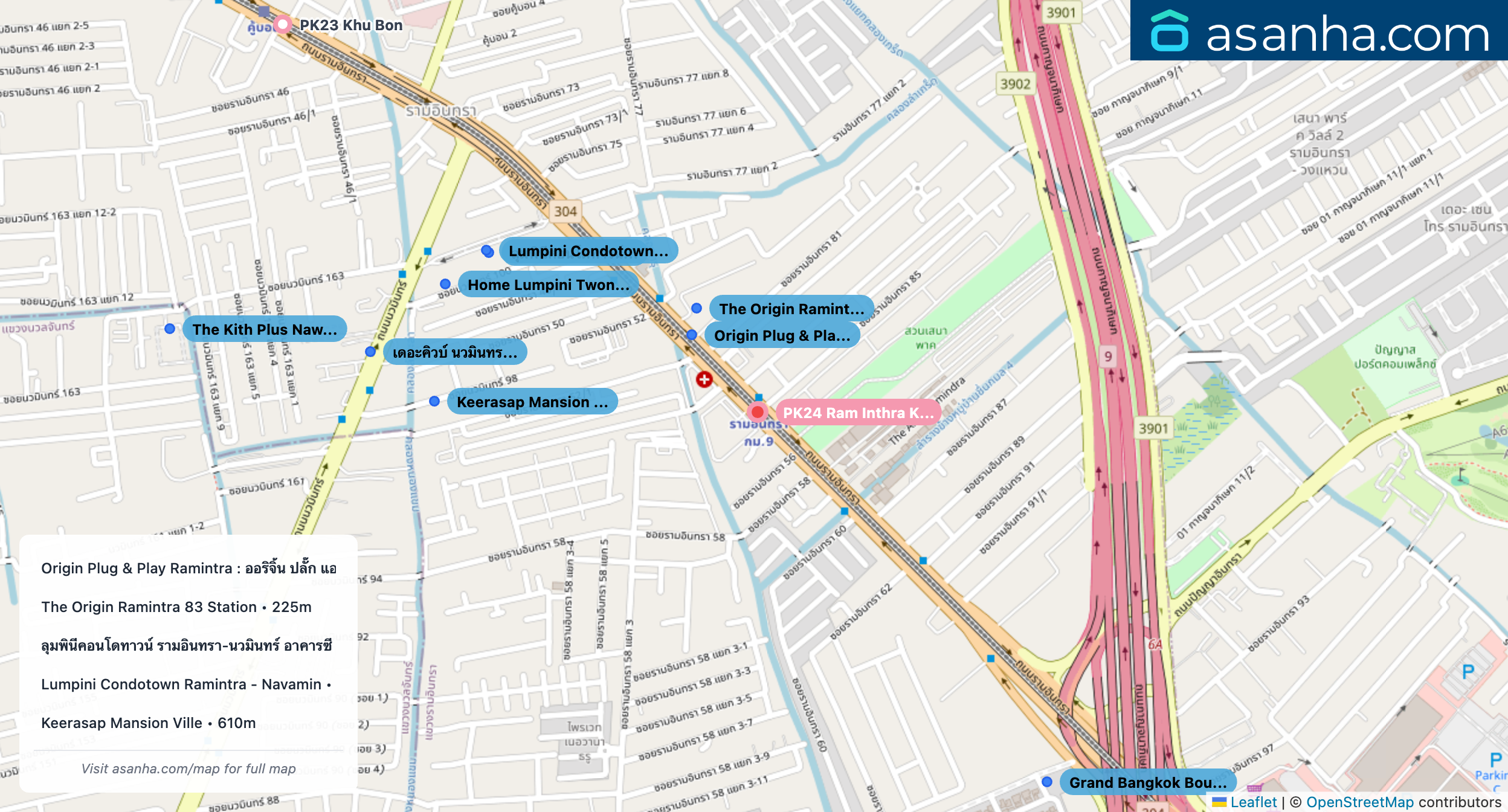 Map of condo projects near PK24 Ram Inthra Kor Mor 9 station. Nearest projects are Origin Plug & Play Ramintra : ออริจิ้น ปลั๊ก แอนด์ เพลย์ รามอินทรา 187 m, The Origin Ramintra 83 Station 225 m, ลุมพินีคอนโดทาวน์ รามอินทรา-นวมินทร์ อาคารซี 590 m, Lumpini Condotown Ramintra - Navamin 595 m, Keerasap Mansion Ville 610 m. Visit asanha.com/map for the full map