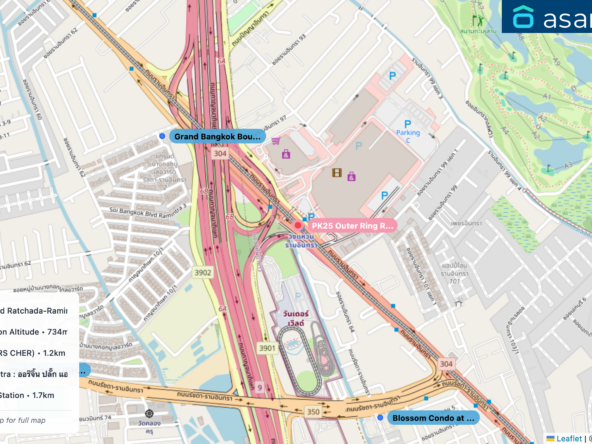 Map of condo projects near PK25 Outer Ring Road - Ram Inthra station. Nearest projects are Grand Bangkok Boulevard Ratchada-Ramintra 2 561 m, Blossom Condo at Fashion Altitude 734 m, แชมเบอร์ส เฌอ (CHAMBERS CHER) 1.2 km, Origin Plug & Play Ramintra : ออริจิ้น ปลั๊ก แอนด์ เพลย์ รามอินทรา 1.6 km, The Origin Ramintra 83 Station 1.7 km. Visit asanha.com/map for the full map