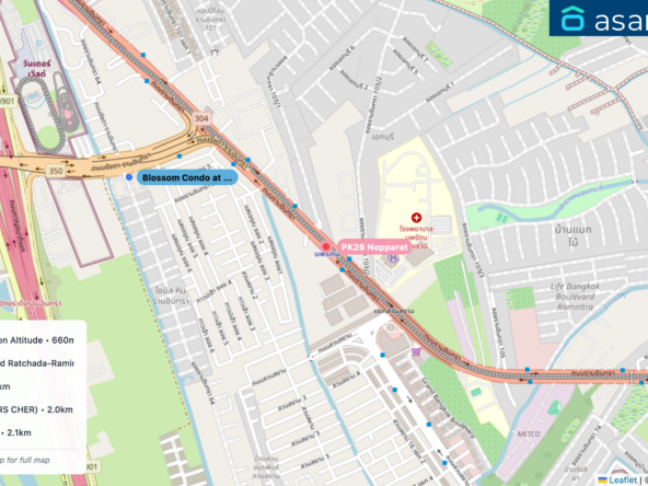 Map of condo projects near PK26 Nopparat station. Nearest projects are Blossom Condo at Fashion Altitude 660 m, Grand Bangkok Boulevard Ratchada-Ramintra 2 1.8 km, Manthana Housing 2.0 km, แชมเบอร์ส เฌอ (CHAMBERS CHER) 2.0 km, Parc Exo Condominium | 2.1 km. Visit asanha.com/map for the full map