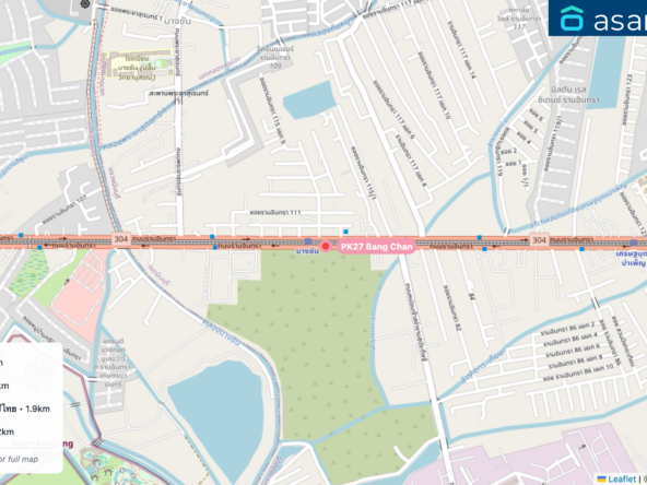 Map of condo projects near PK27 Bang Chan station. Nearest projects are ESTA Bliss condo 1.3 km, Manthana Housing 1.8 km, บ้านกลางเมือง ลาดพร้าว-เสรีไทย 1.9 km, Atmoz Flow Minburi 2.2 km. Visit asanha.com/map for the full map