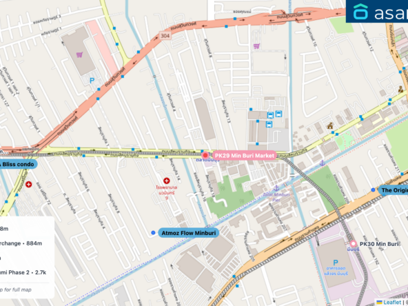 Map of condo projects near PK29 Min Buri Market station. Nearest projects are Atmoz Flow Minburi 468 m, The Origin Ram 209 Interchange 884 m, ESTA Bliss condo 1.1 km, Perfect Park Suvarnabhumi Phase 2 2.7 km. Visit asanha.com/map for the full map
