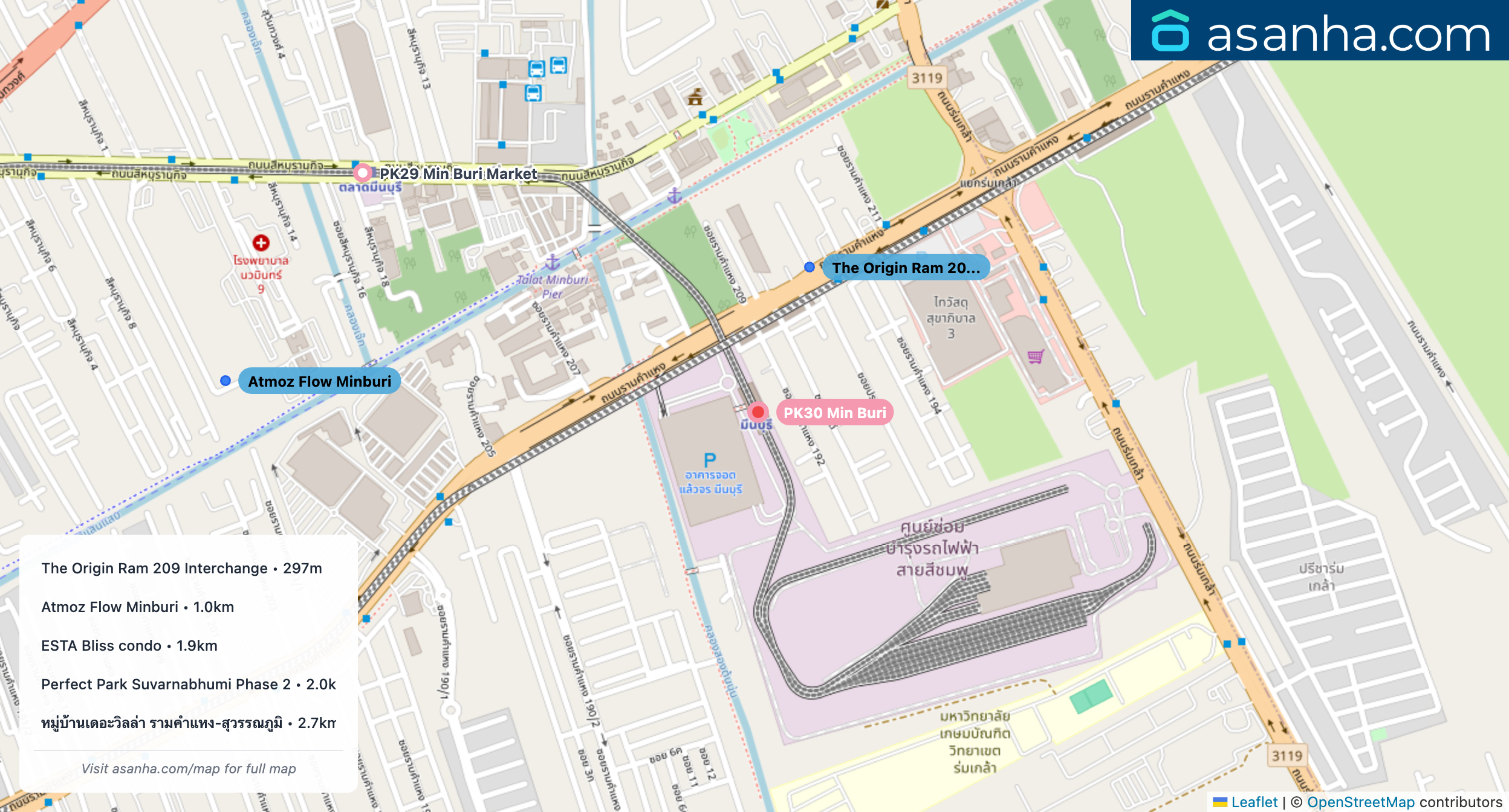 Map of condo projects near PK30 Min Buri station. Nearest projects are The Origin Ram 209 Interchange 297 m, Atmoz Flow Minburi 1.0 km, ESTA Bliss condo 1.9 km, Perfect Park Suvarnabhumi Phase 2 2.0 km, หมู่บ้านเดอะวิลล่า รามคำแหง-สุวรรณภูมิ 2.7 km. Visit asanha.com/map for the full map