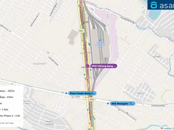 Map of condo projects near PP01 Khlong Bang Phai station. Nearest projects are Plum Condo Bang Yai Station. 407 m, IRIS Westgate - ไอริส เวสท์เกต 515 m, Mantana Westgate 841 m, เดอะมิดด์คอนโด The midd 1.1 km, Plum Condo Central Station Phase 2 2.0 km. Visit asanha.com/map for the full map