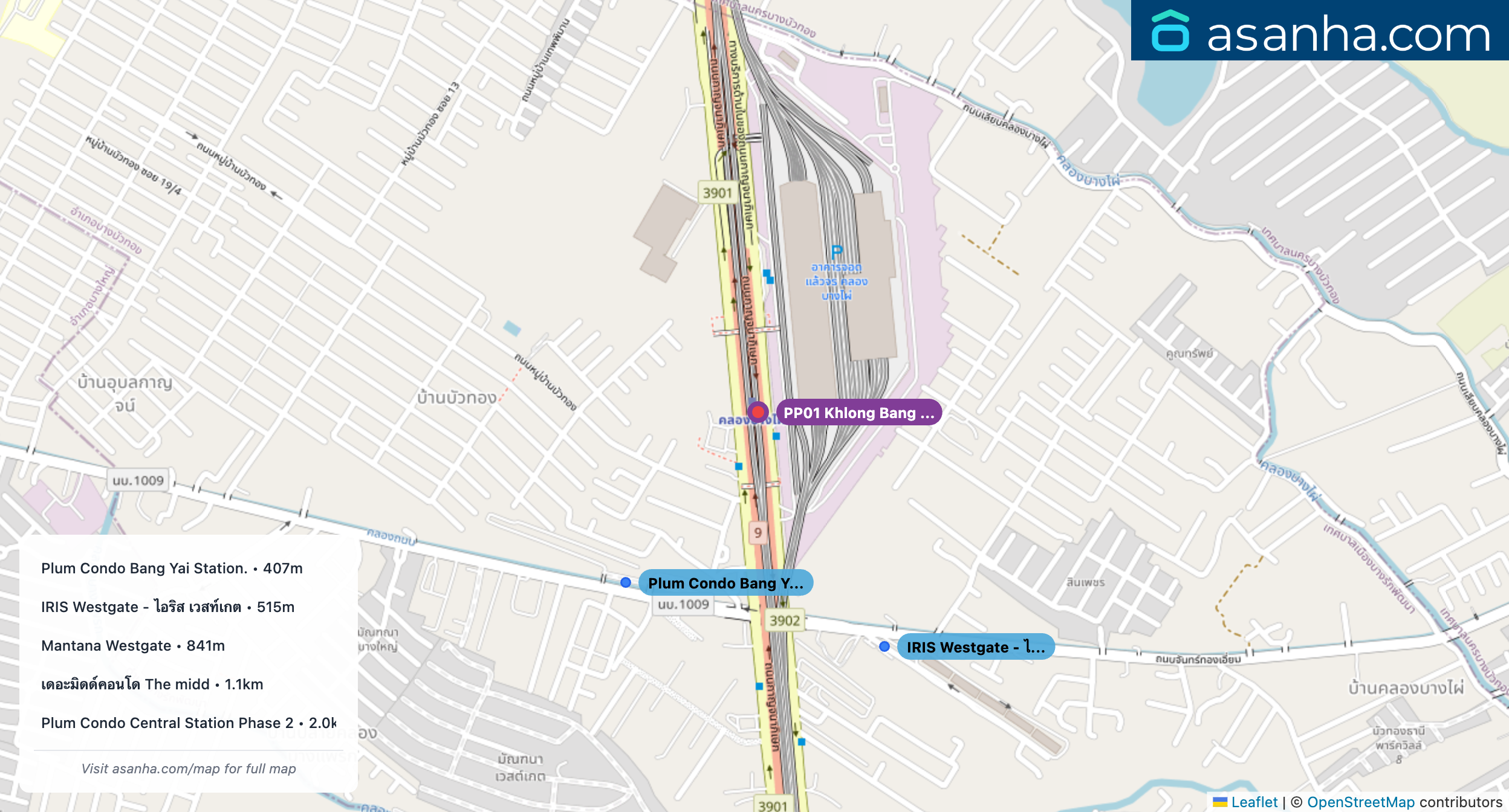 Map of condo projects near PP01 Khlong Bang Phai station. Nearest projects are Plum Condo Bang Yai Station. 407 m, IRIS Westgate - ไอริส เวสท์เกต 515 m, Mantana Westgate 841 m, เดอะมิดด์คอนโด The midd 1.1 km, Plum Condo Central Station Phase 2 2.0 km. Visit asanha.com/map for the full map