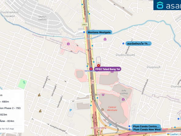 Map of condo projects near PP02 Talad Bang Yai station. Nearest projects are Mantana Westgate 424 m, เดอะมิดด์คอนโด The midd 480 m, Plum Condo Central Station Phase 2 793 m, Plum Condo New West 823 m, IRIS Westgate - ไอริส เวสท์เกต 824 m. Visit asanha.com/map for the full map