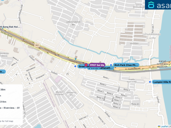 Map of condo projects near PP07 Sai Ma station. Nearest projects are D Condo Rattanathibet 36 m, Grow Rattanthibet 121 m, Rich Park Chao Phraya 314 m, Lumpini Ville Pranangklao - Riverview. 813 m, มณียา 959 m. Visit asanha.com/map for the full map