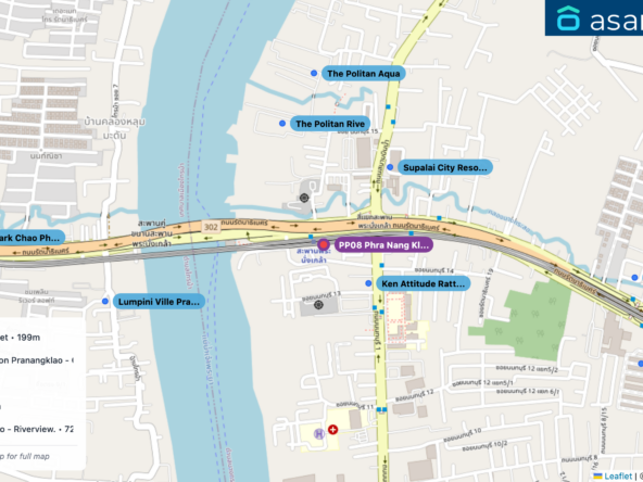 Map of condo projects near PP08 Phra Nang Klao Bridge station. Nearest projects are Ken Attitude Rattanathibet 199 m, Supalai City Resort Station Pranangklao - Chaophraya 334 m, The Politan Rive 409 m, The Politan Aqua 550 m, Lumpini Ville Pranangklao - Riverview. 720 m. Visit asanha.com/map for the full map
