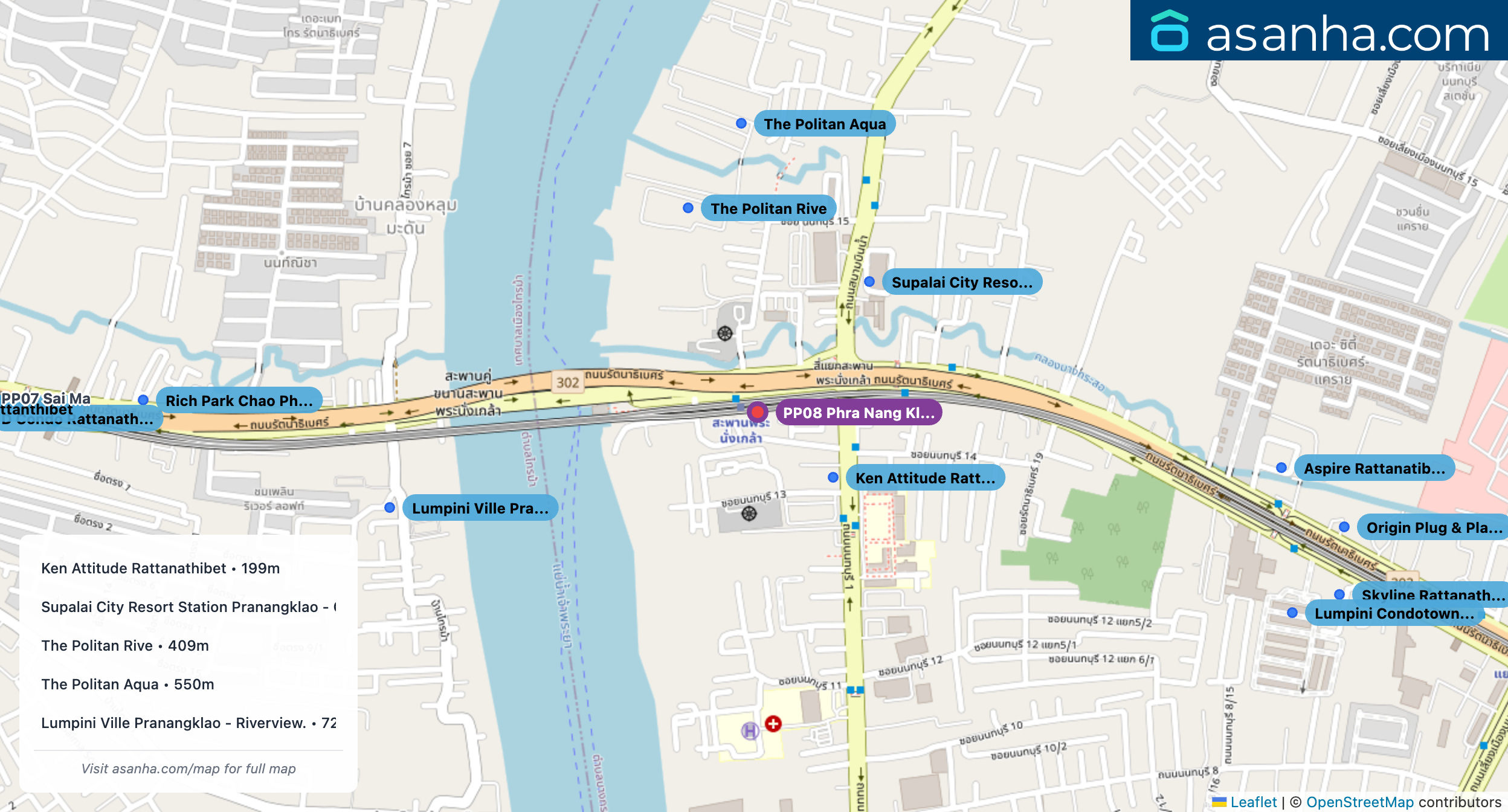 Map of condo projects near PP08 Phra Nang Klao Bridge station. Nearest projects are Ken Attitude Rattanathibet 199 m, Supalai City Resort Station Pranangklao - Chaophraya 334 m, The Politan Rive 409 m, The Politan Aqua 550 m, Lumpini Ville Pranangklao - Riverview. 720 m. Visit asanha.com/map for the full map