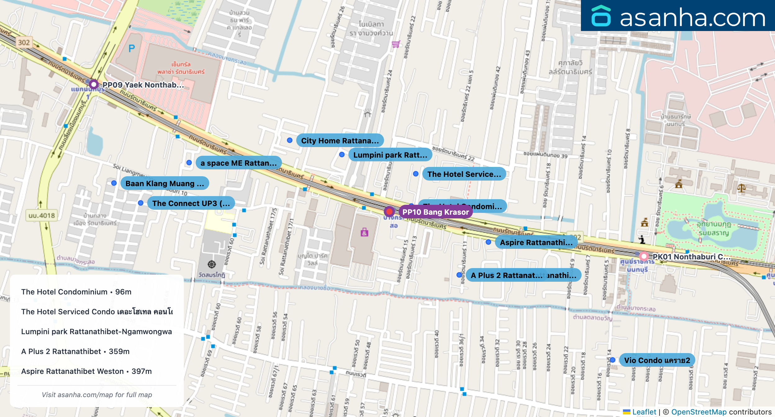 Map of condo projects near PP10 Bang Krasor station. Nearest projects are The Hotel Condominium 96 m, The Hotel Serviced Condo เดอะโฮเทล คอนโด 176 m, Lumpini park Rattanathibet-Ngamwongwan 270 m, A Plus 2 Rattanathibet 359 m, Aspire Rattanathibet Weston 397 m. Visit asanha.com/map for the full map