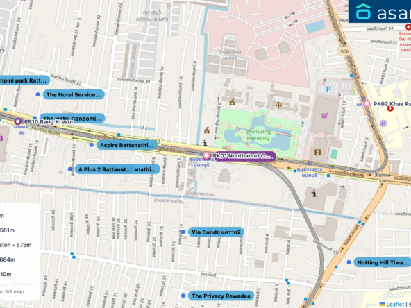 Map of condo projects near PP11 Nonthaburi Civic Center station. Nearest projects are Vio Condo แคราย2 396 m, Aspire Rattanathibet 2 561 m, Aspire Rattanathibet Weston 575 m, A Plus 2 Rattanathibet 684 m, The Privacy Rewadee 710 m. Visit asanha.com/map for the full map