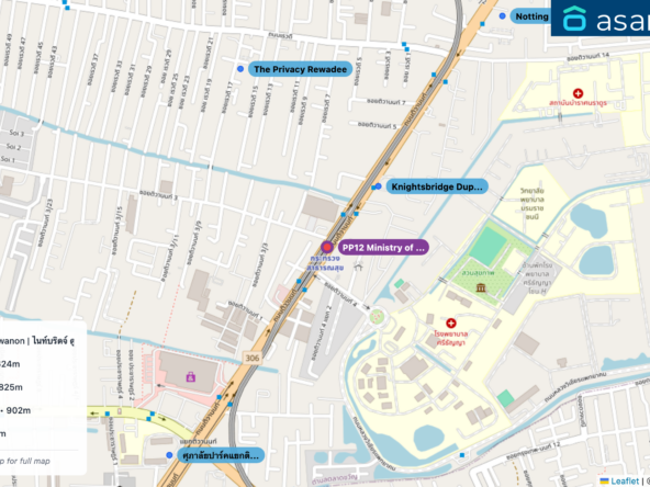 Map of condo projects near PP12 Ministry of Public Health station. Nearest projects are Knightsbridge Duplex Tiwanon | ไนท์บริดจ์ ดูเพล็กซ์ ติวานนท์ 261 m, The Privacy Rewadee 624 m, ศุภาลัยปาร์คแยกติวานนท์ 825 m, Centric Tiwanon Station 902 m, Vio Condo แคราย2 925 m. Visit asanha.com/map for the full map