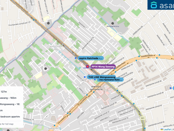 Map of condo projects near PP14 Wong Sawang station. Nearest projects are THE LINE Wongsawang 127 m, aspire Ratchada - Wongsawang 165 m, The Parkland Ratchada-Wongsawang 182 m, Phibun Condo Ville 1.0 km, Gotgi Comfy Spacious 3-bedroom apartment near the JJ market 1.1 km. Visit asanha.com/map for the full map