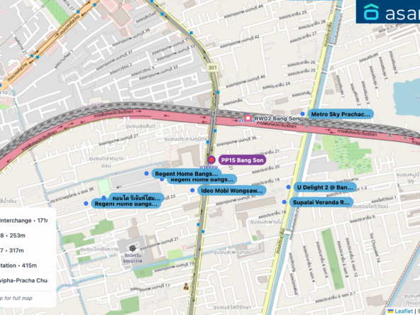 Map of condo projects near PP15 Bang Son station. Nearest projects are Ideo Mobi Wongsawang Interchange 171 m, Regent Home Bangson 28 253 m, Regent Home Bangson 27 317 m, U Delight 2 @ Bangsue Station 415 m, Supalai Veranda Ratchawipha-Pracha Chuen 425 m. Visit asanha.com/map for the full map