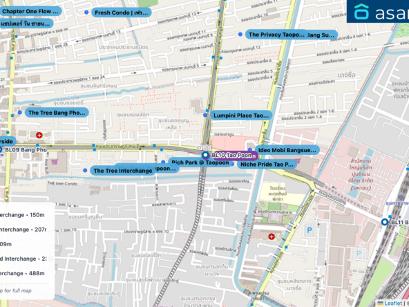 Map of condo projects near PP16 Tao Poon station. Nearest projects are Niche Pride Tao Poon Interchange 150 m, Lumpini Place Taopoon Interchange 207 m, Rich Park @ Taopoon 209 m, Ideo Mobi Bangsue Grand Interchange 236 m, The Stage Taopoon - Interchange 488 m. Visit asanha.com/map for the full map