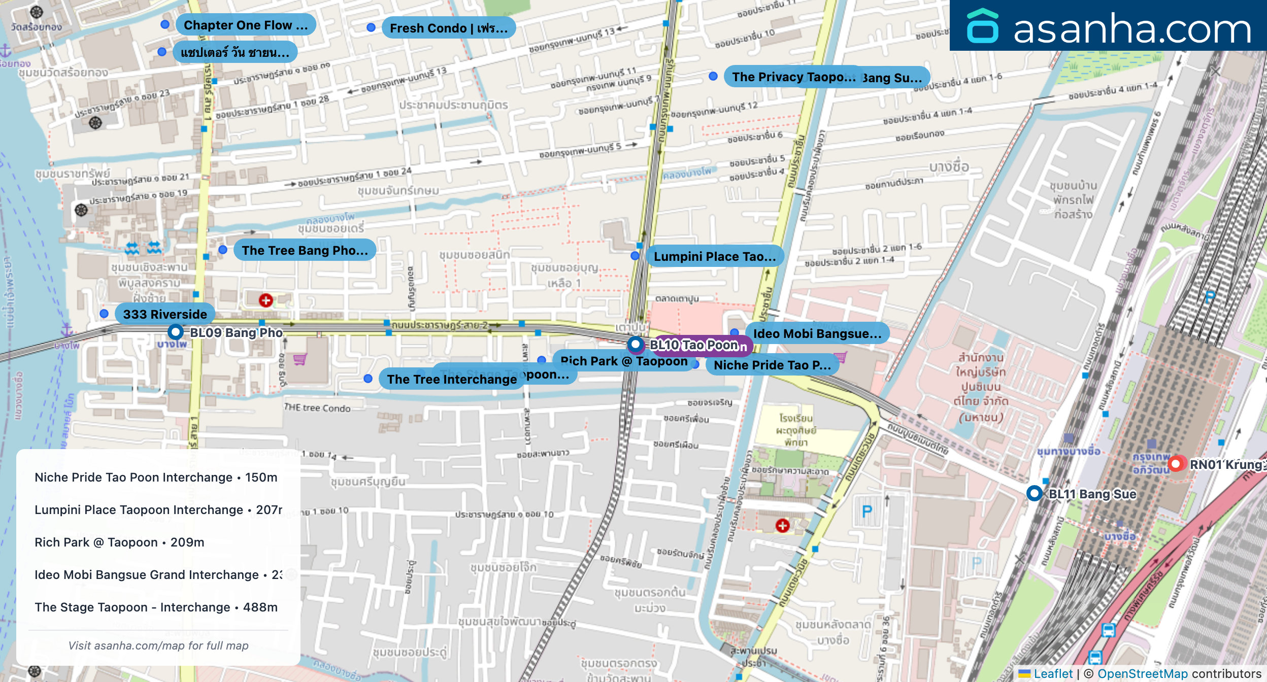 Map of condo projects near PP16 Tao Poon station. Nearest projects are Niche Pride Tao Poon Interchange 150 m, Lumpini Place Taopoon Interchange 207 m, Rich Park @ Taopoon 209 m, Ideo Mobi Bangsue Grand Interchange 236 m, The Stage Taopoon - Interchange 488 m. Visit asanha.com/map for the full map
