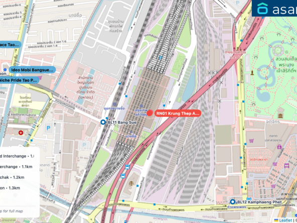 Map of condo projects near RN01 Krung Thep Aphiwat Central station. Nearest projects are Ideo Mobi Bangsue Grand Interchange 1.0 km, Niche Pride Tao Poon Interchange 1.1 km, Ideo Phaholyothin Chatuchak 1.2 km, U Delight Bang Sue Station 1.3 km, M Jatujak 1.3 km. Visit asanha.com/map for the full map
