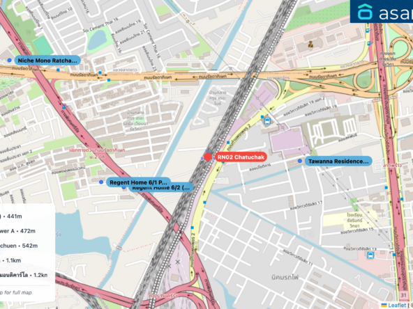 Map of condo projects near RN02 Chatuchak station. Nearest projects are Regent Home 6/2 (C,D,E) 441 m, Tawanna Residence 2 Tower A 472 m, Regent Home 6/1 Prachachuen 542 m, Niche Mono Ratchavipha 1.1 km, เทคโทนิค ซ6บ้านกลางเมือง มอนติคาร์โล 1.2 km. Visit asanha.com/map for the full map