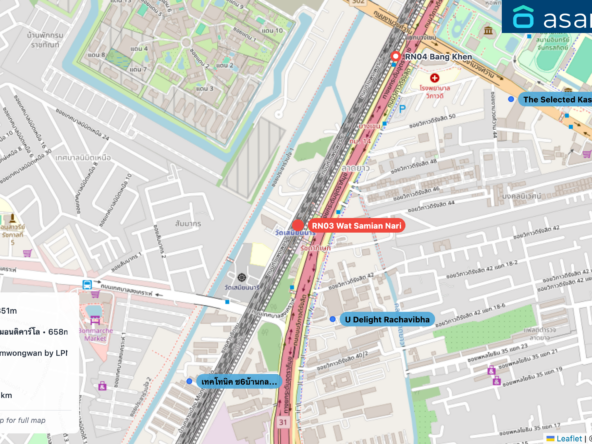 Map of condo projects near RN03 Wat Samian Nari station. Nearest projects are U Delight Rachavibha 351 m, เทคโทนิค ซ6บ้านกลางเมือง มอนติคาร์โล 658 m, The Selected Kaset-Ngamwongwan by LPN 877 m, Oneder เกษตร 880 m, ไฮ ไรส์ รัชโยธิน สเตชั่น 1.1 km. Visit asanha.com/map for the full map