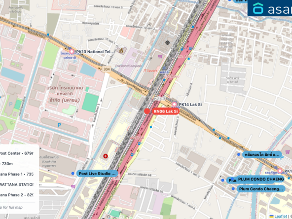 Map of condo projects near RN06 Lak Si station. Nearest projects are Post Live Studio @EMS Post Center 679 m, พลัมคอนโด มิกซ์ แจ้งวัฒนะ 730 m, Plum Condo Chaengwattana Phase 1 735 m, PLUM CONDO CHAENGWATTANA STATION พลัม คอนโด แจ้งวัฒนะ สเตชั่น 781 m, Plum Condo Chaengwattana Phase 2 829 m. Visit asanha.com/map for the full map