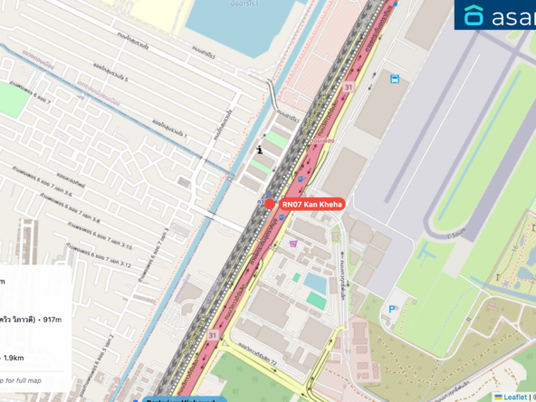 Map of condo projects near RN07 Kan Kheha station. Nearest projects are ชวนชื่น โมดัส วิภาวดี 849 m, Den Vibhavadi 886 m, Parkview Viphavadi (พาร์ควิว วิภาวดี) 917 m, Kensington 63 1.9 km, พลัมคอนโด มิกซ์ แจ้งวัฒนะ 1.9 km. Visit asanha.com/map for the full map