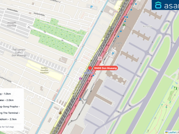 Map of condo projects near RN08 Don Mueang station. Nearest projects are JW Condo @ Don Mueang 1.0 km, ไลโอ นอฟ ดอนเมือง - แจ้งวัฒนะ 2.0 km, Grene Condo Don Mueang-Song Prapha 2.0 km, Happy Condo Don Mueang The Terminal 2.1 km, หมู่บ้าน SKY ดอนเมือง – สรงประภา 2.1 km. Visit asanha.com/map for the full map