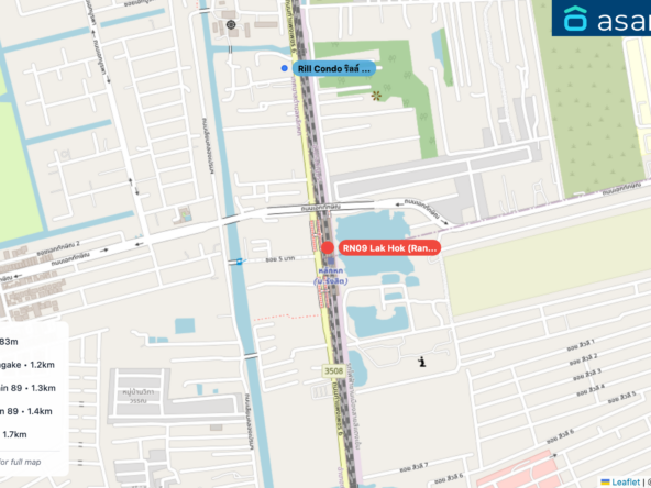 Map of condo projects near RN09 Lak Hok (Rangsit University) station. Nearest projects are Rill Condo ริลล์ คอนโด 583 m, U Campus Rangsit-Muangake 1.2 km, PLUM Condo Phaholyothin 89 1.3 km, Plum Condo Phaholyothin 89 1.4 km, พาทิโอ พหลโยธิน - วิภาวดี 1.7 km. Visit asanha.com/map for the full map