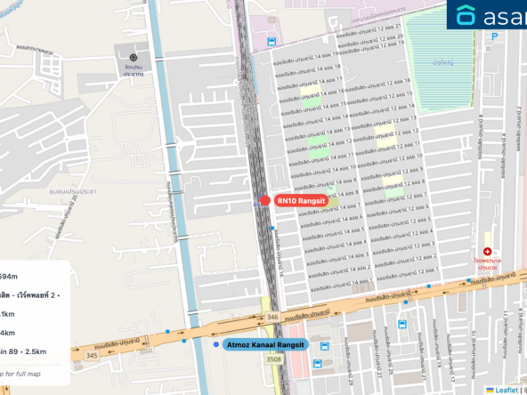 Map of condo projects near RN10 Rangsit station. Nearest projects are Atmoz Kanaal Rangsit 594 m, เพลิน เพลิน คอนโดมิเนียม รังสิต - เวิร์คพอยท์ 2 1.2 km, Rill Condo ริลล์ คอนโด 2.1 km, เพรสทีจ ฟิวเจอร์ - รังสิต 2.4 km, PLUM Condo Phaholyothin 89 2.5 km. Visit asanha.com/map for the full map