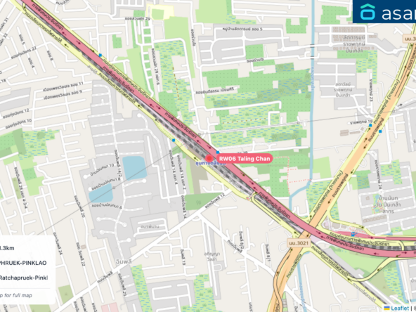 Map of condo projects near RW06 Taling Chan station. Nearest projects are Cherkoon Town Home 1.3 km, V COMPOUND RATCHAPHRUEK-PINKLAO 1.9 km, Life Bangkok Boulevard Ratchapruek-Pinklao 2.2 km. Visit asanha.com/map for the full map