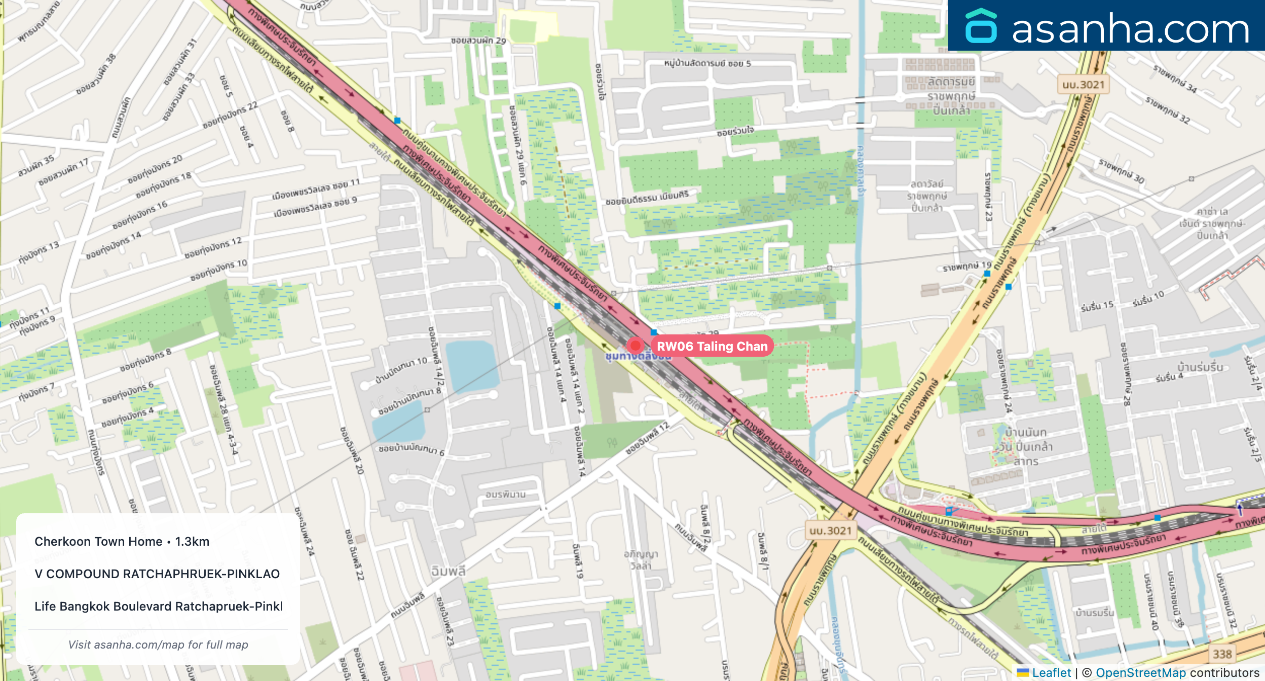 Map of condo projects near RW06 Taling Chan station. Nearest projects are Cherkoon Town Home 1.3 km, V COMPOUND RATCHAPHRUEK-PINKLAO 1.9 km, Life Bangkok Boulevard Ratchapruek-Pinklao 2.2 km. Visit asanha.com/map for the full map
