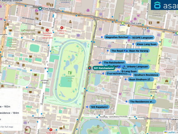 Map of condo projects near S01 Ratchadamri station. Nearest projects are The Grand 138 m, The Ratchadamri 151 m, บ้านราชประสงค์คอนโดมิเนียม 182 m, The Rajdamri Serviced Residence 184 m, The Royal Place 1 300 m. Visit asanha.com/map for the full map