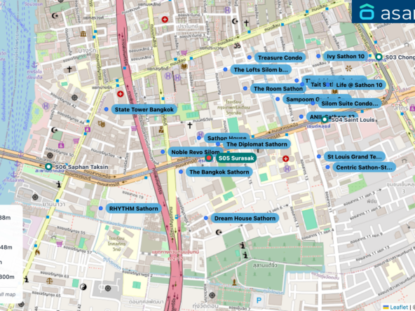 Map of condo projects near S05 Surasak station. Nearest projects are The Diplomat Sathorn 88 m, Sathon House 107 m, The Bangkok Sathorn 148 m, Noble Revo Silom 223 m, Dream House Sathorn 300 m. Visit asanha.com/map for the full map