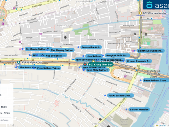 Map of condo projects near S07 Krung Thon Buri station. Nearest projects are Ideo Mobi Sathorn 67 m, Ideo Sathon-Taksin 69 m, Hive Sathorn 103 m, Q House Condo Sathon 158 m, Villa Sathon Condominium 175 m. Visit asanha.com/map for the full map