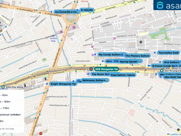 Map of condo projects near S08 Wongwian Yai station. Nearest projects are The Room Wongwian Yai 63 m, Hive Taksin Condominium 169 m, My Condo Sathon-Taksin 176 m, Reference Sathorn-Wongwianyai (เรฟเฟอเรนซ์ สาทร-วงเวียนใหญ่) 182 m, Fuse Sathon-Taksin 205 m. Visit asanha.com/map for the full map