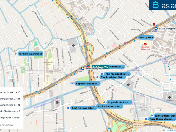Map of condo projects near S12 Bang Wa station. Nearest projects are The President Sathon-Ratchaphruek 1 106 m, The President Sathon-Ratchaphruek 2 165 m, The President Sathon-Ratchaphruek 3 184 m, Supalai Park Ratchaphruek-Phetkasem 266 m, Supalai Loft Sathon-Ratchaphruek 459 m. Visit asanha.com/map for the full map
