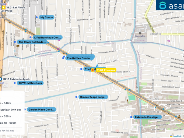 Map of condo projects near YL02 Phawana station. Nearest projects are The Next Condo 120 m, The Raffles Condominium 346 m, Groove Scape Ladprao-Sutthisan (กรูฟ สเคป ลาดพร้าว - สุทธิสาร) 349 m, The Raffles Condominium 350 m, Ratchada Prestige Ladprao 48 692 m. Visit asanha.com/map for the full map