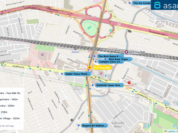 Map of condo projects near YL11 Hua Mak station. Nearest projects are Lumpini Place Srinagarindra - Hua Mak Station 108 m, The Rich Rama 9 - Srinagarindra 150 m, ASAKAN Tower Srinagarindra 209 m, Rich Park Triple Station 218 m, Noble Thara Phatthanakan Village 323 m. Visit asanha.com/map for the full map