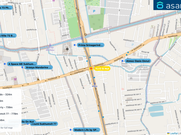 Map of condo projects near YL13 Si Nut station. Nearest projects are Prima Srinagarindra Condo 324 m, Atmoz Oasis Onnut 383 m, Modern Life by SP Property 739 m, Areeya Mandarina Sukhumvit 77 779 m, Phumi Sukhumvit 77 956 m. Visit asanha.com/map for the full map