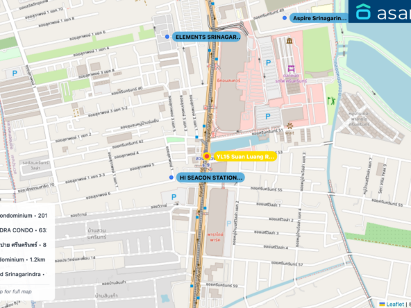 Map of condo projects near YL15 Suan Luang Rama IX station. Nearest projects are HI SEACON STATION - Condominium 201 m, ELEMENTS SRINAGARINDRA CONDO 632 m, Aspire Srinagarindra แอสปาย ศรีนครินทร์ 804 m, Sawasdee Bangkok Condominium 1.2 km, Grand Bangkok Boulevard Srinagarindra 1.2 km. Visit asanha.com/map for the full map
