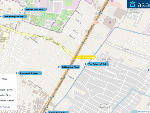 Map of condo projects near YL19 Si Bearing station. Nearest projects are The Cube Loft Srinakarin 173 m, Sri Bearing Place 257 m, Rosewood Sridaan Apartment 837 m, Origin Plug & Play Srinakarin 861 m, Alisha Court Hotel & Residence 978 m. Visit asanha.com/map for the full map