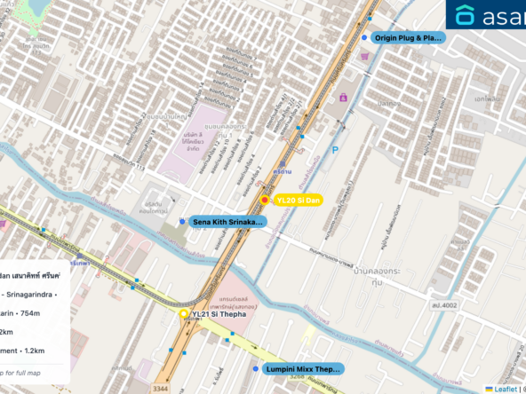 Map of condo projects near YL20 Si Dan station. Nearest projects are Sena Kith Srinakarin-Sridan เสนาคิทท์ ศรีนครินทร์-ศรีด่าน 328 m, Lumpini Mixx Thepharak - Srinagarindra 665 m, Origin Plug & Play Srinakarin 754 m, Supalai Ville Bearing 1.2 km, Rosewood Sridaan Apartment 1.2 km. Visit asanha.com/map for the full map