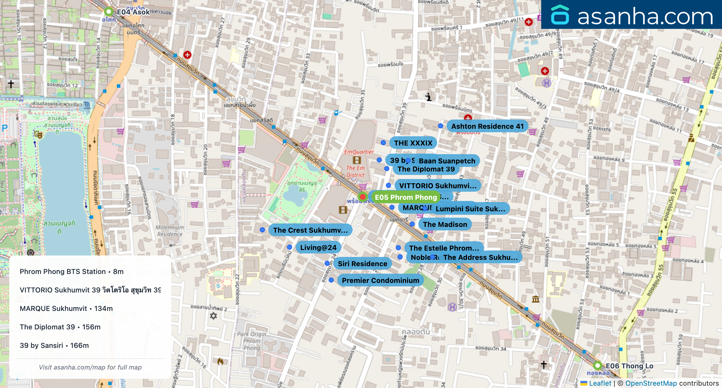 Map of condo projects near E05 Phrom Phong station. Nearest projects are Phrom Phong BTS Station 8 m, VITTORIO Sukhumvit 39 วิตโตริโอ สุขุมวิท 39 124 m, MARQUE Sukhumvit 134 m, The Diplomat 39 156 m, 39 by Sansiri 166 m. Visit asanha.com/map for the full map